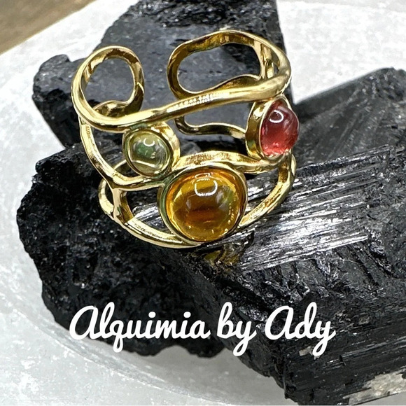 Jewel tone crystals luxury gold cuff ring adjustable/ art deco silhouette boho - Picture 3 of 6